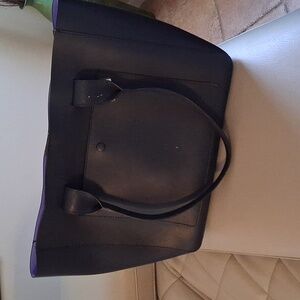 Elegant BANANA REPUBLIC Leather Large Deep NAVY Blue w/Purple Inside Tote Bag!